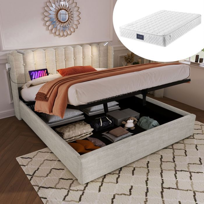 Lit coffre 140x200 - SOGEU - Rembourré - Tissu lin beige - Sommier à lattes - Lampe & 2 USB