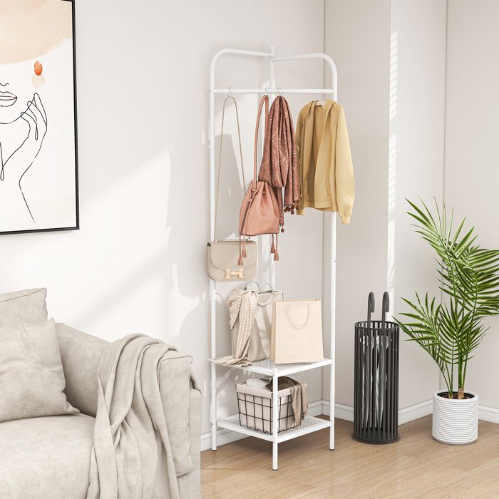 COSTWAY Porte-Manteau Tringles d’Angle Moderne Vestiaire avec Etagère à 2 Niveaux Meuble d’Entrée 42 5 x 42 5 x 193 5 CM Blanc COSTWAY Porte-Manteau Tringles d’Angle Moderne Vestiaire avec Etagère à 2 Niveaux Meuble d’Entrée 42 5 x 42 5 x 193 5 CM Blanc