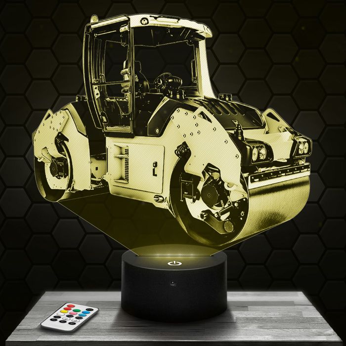 Lampe 3D - Rouleau Compresseur BTP - Jouet Miniature Cadeau Rouleau Compresseur BTP - Veilleuse Led Tactile avec socle au choix