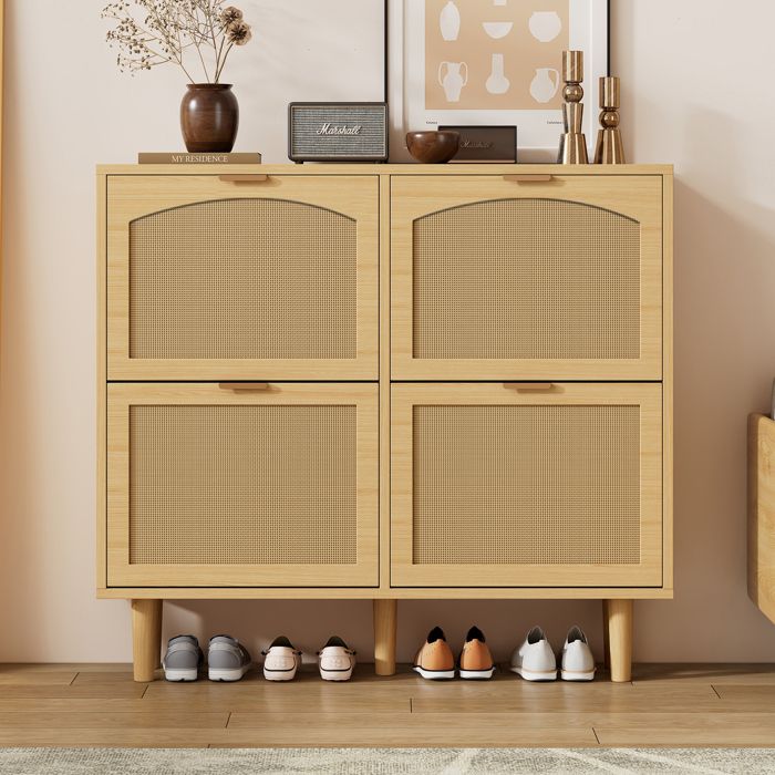 Meuble à chaussures avec 4 tiroirs pliants 100 x 25 x 90 cm armoire à chaussures en rotin avec poignées en métal Couleur bois