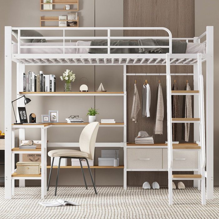 Lit mezzanine en fer forgé 90x200 cm avec deux coffres de rangement en tissu un bureau et des étagères lit simple blanc