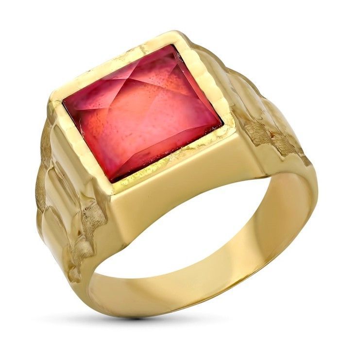 Chevalière creuse en or 9 carats avec une pierre rouge de 9 mm au centre et des détails latéraux Chevalière creuse en or 9 carats avec une pierre rouge de 9 mm au centre et des détails latéraux
