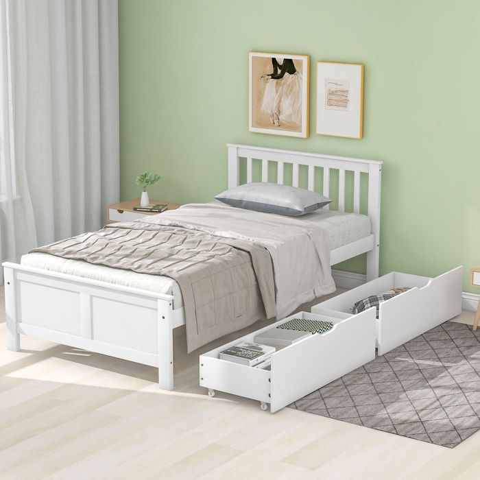Lit simple - MERAX - Lit 90x200 - Pin massif - 2 tiroirs sur roulettes - Blanc Lit simple - MERAX - Lit 90x200 - Pin massif - 2 tiroirs sur roulettes - Blanc