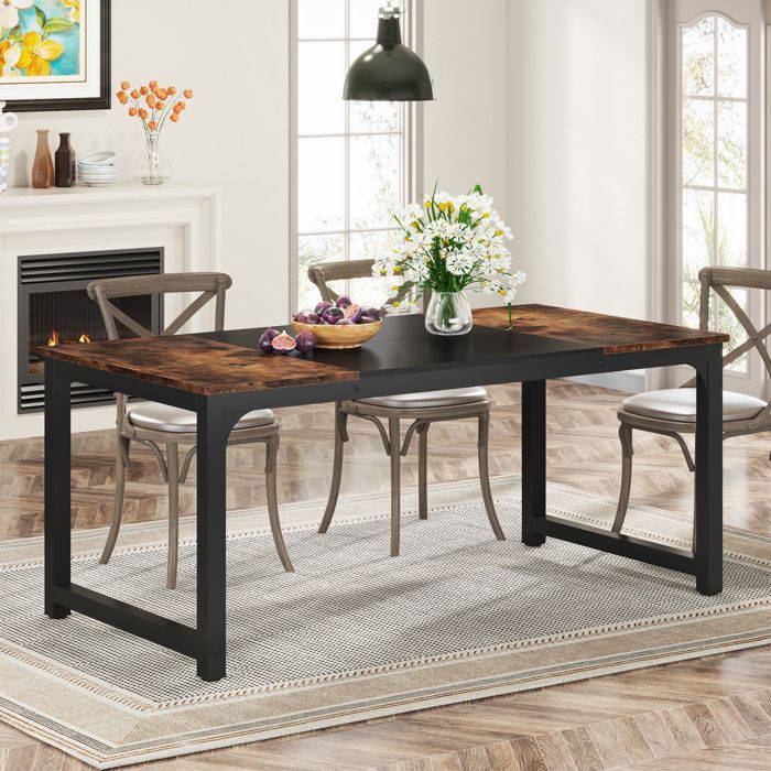 Table à MangerLittle Tree160x80x75 cmTable Rectangulaire Avec Cadre Métallique Pour 6-8 PersonnesIndustrielMarron et Noir