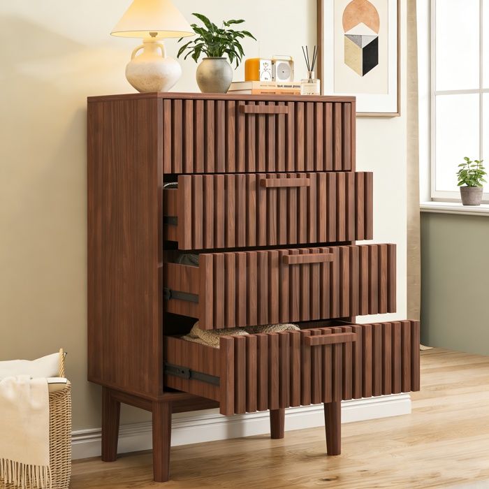 Commode 4 tiroirs Commode Chambre Adulte 60x34x91cm Meuble de Rangement en Bois pour Salon Chambre et Couloir Bois noyer