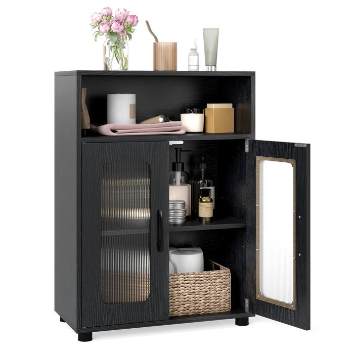 COSTWAY Colonne Salle de Bain avec 2 Portes Vitrées Compartiment Ouvert Étagère Réglable pour Cuisine Salon 60x30x83cm Noir