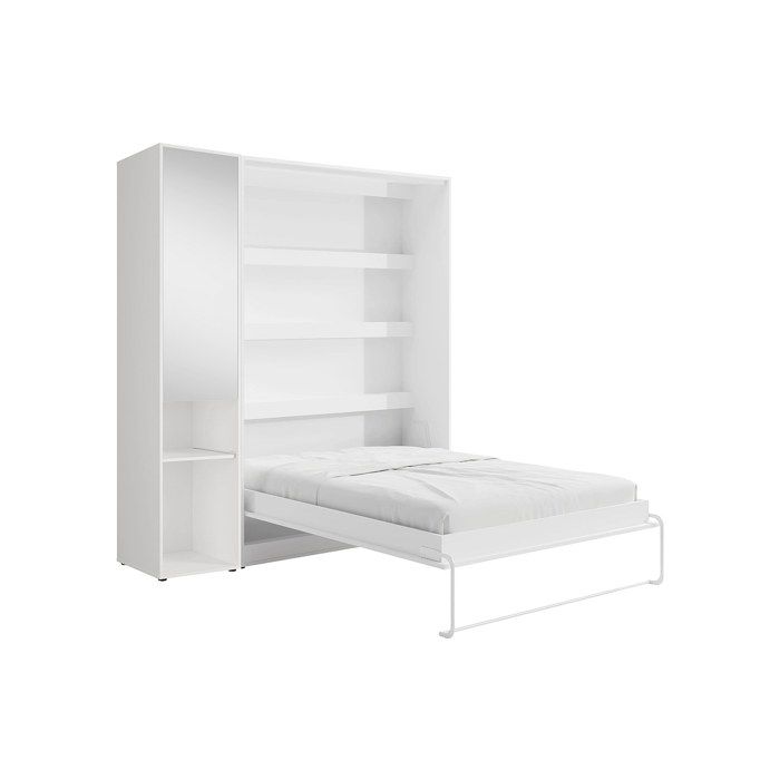 Lit escamotable vertical 160 x 200 cm - 1 colonne de rangement - Avec miroir et LEDs - Blanc - RAPILI