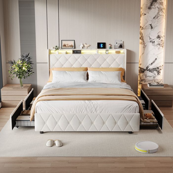 Lit 160x200 cm rembourré avec LED – Lit double adulte avec USB et Type-C 4 tiroirs de rangement sommier à lattes - beige Lit 160x200 cm rembourré avec LED – Lit double adulte avec USB et Type-C 4 tiroirs de rangement sommier à lattes - beige