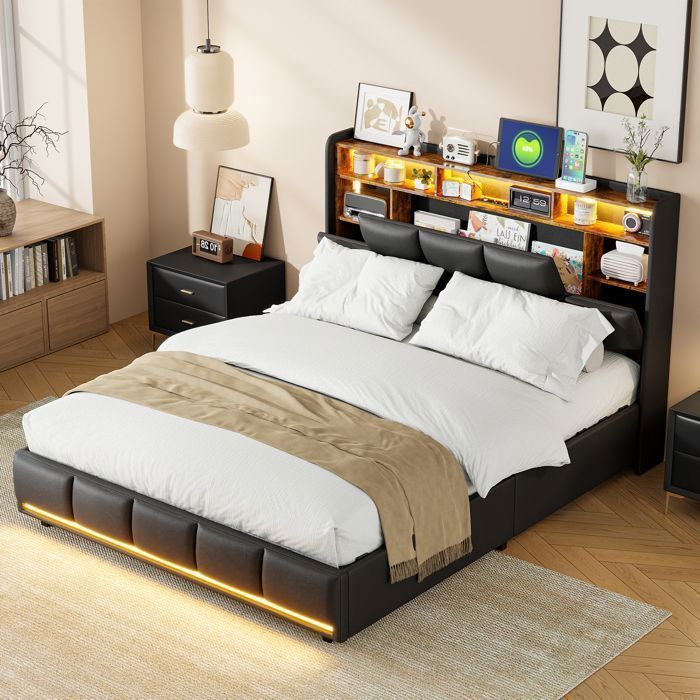 Lit Double Coffre 160x200 Simili-cuir Noir Tête de Lit LED Sommier à Lattes Rangement Hydraulique Chambre Adulte