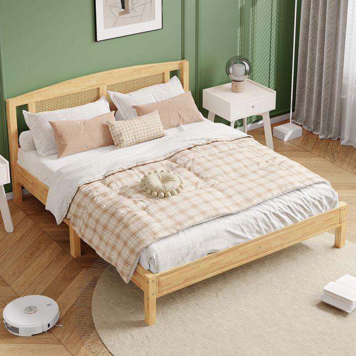 MIVRAY Lit Adulte 160×200 cm Lit Double en Rotin avec 15 Lattes et Pieds Centraux sans Matelas en Bois Naturel