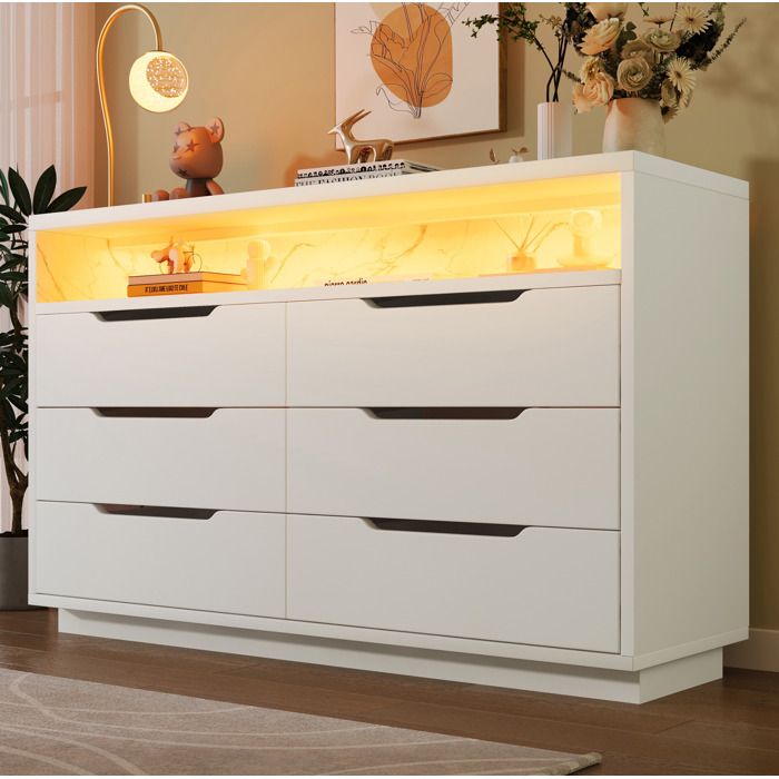 Buffet bas LED blanc effet marbre 6 tiroirs 120 x 40 x 85 cm