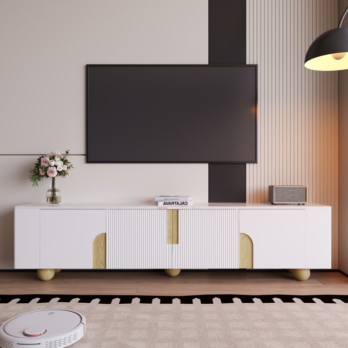 Meuble TV moderne - Blanc et bois - 180x40x44 cm - 4 portes - Effet marbre - Pieds en bois sphériques