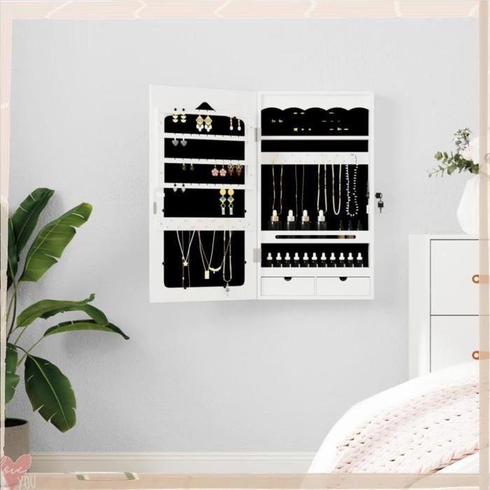 Armoire à bijoux murale avec miroir - VINGVO - 353220 - Blanc - 37 5x10x67 cm - Porte verrouillable (2 clés)