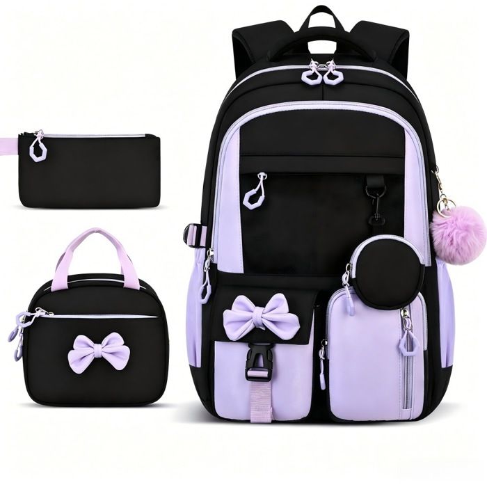 Sac à dos scolaire fille 3 pièces avec boîte à lunch et trousse - Cartable école primaire léger - Noir Violet