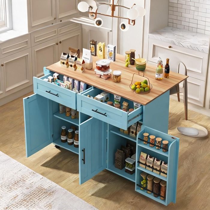 Buffet roulant en MDF avec plateau en bois massif couleur riche bleu pliable 129x46x915 cm cuisine