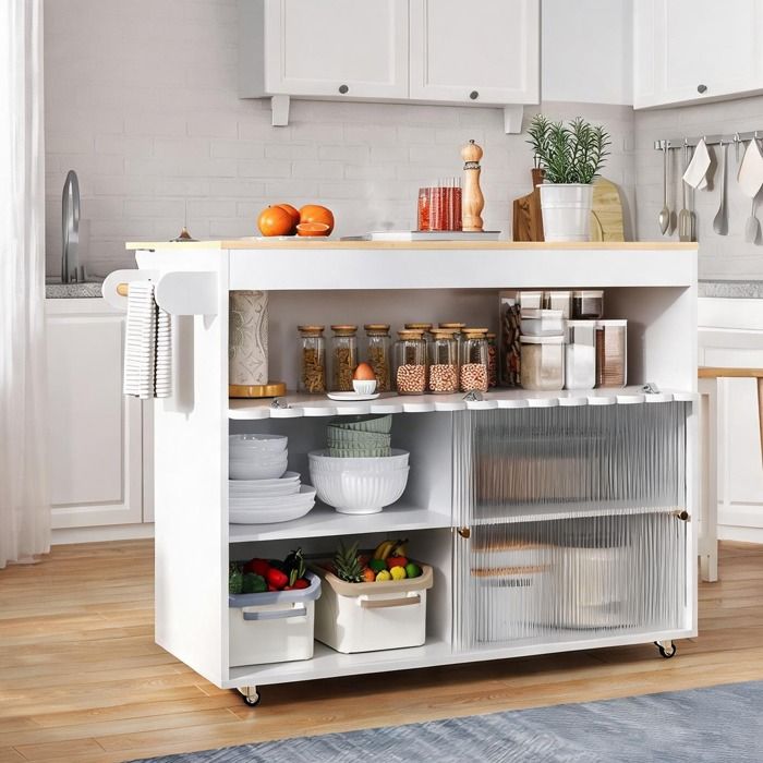 Chariot îlot de cuisine extensible en bois avec portes vitrées coulissantes blanc et chêne naturel 122x46-69x91 cm