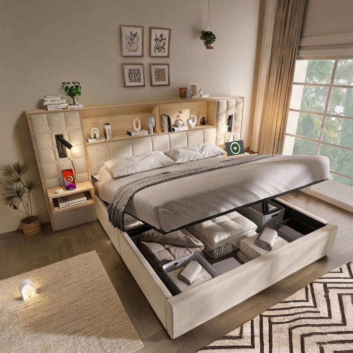 Lit 160x200 beige-toned en lin avec rangement liseuses LED ports USB-C et chevets intégrés