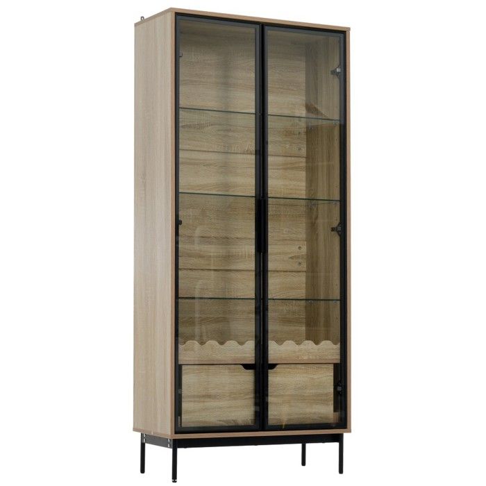 Vitrine Argentier Noir Et Naturel 75x35x170.8cm Étagères Verre Modulables Tiroir Décor Ondulé Pieds Métal Rangement Salon Chambre