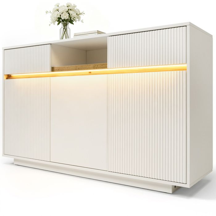 Buffet bas avec 2 tiroirs 3 portes et LED - pour salon ou cuisine - en bois - 140×40×85 cm - blanc