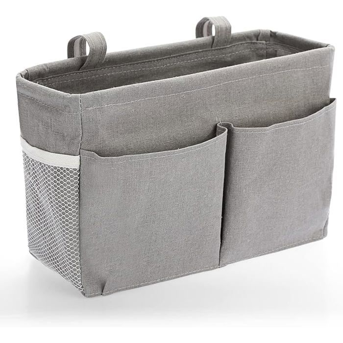 Organisateur de chevet suspendu 5 poches en tissu oxford Gris Sac de Rangement de chevet étanche Ruban autocolnt Gris