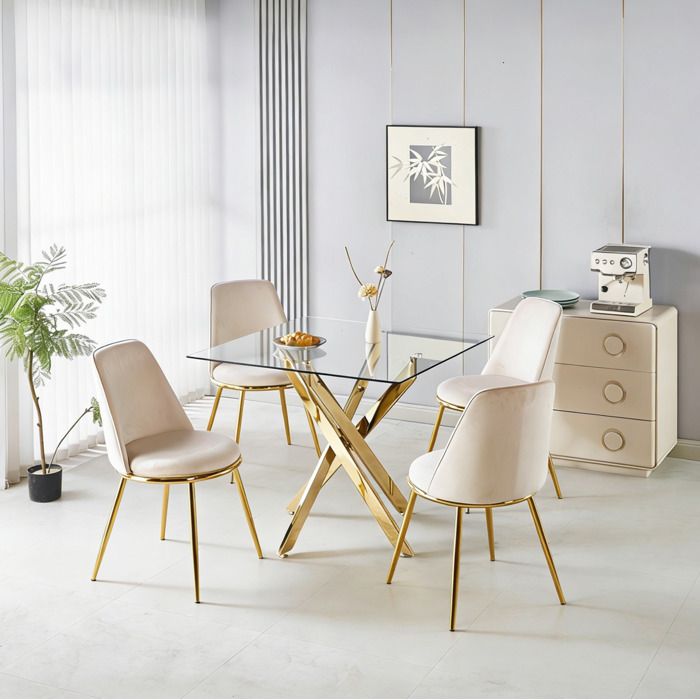 Ensemble table à manger 5 pièces 1 table en verre 80 x 80 x 75 cm et 4 chaises en velours pieds dorés