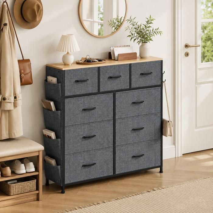Commode 9 Tiroirs en Tissu Non-tissé Meuble de Chambre avec Latérale Poche et Crochet Panneau de toit en bois Gris