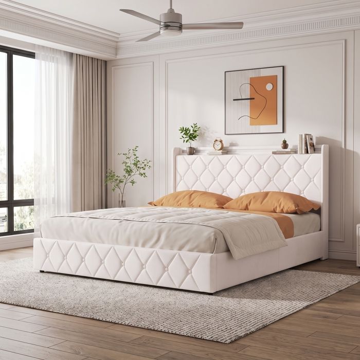 Lit Coffre 160 x 200 CM avec Sommier-RWUDV-Lit rembourré 160x200 cm avec LED et USB-Lit double160 x 200 avec Rangement-Velours Beige Lit Coffre 160 x 200 CM avec Sommier-RWUDV-Lit rembourré 160x200 cm avec LED et USB-Lit double160 x 200 avec Rangement-Velours Beige