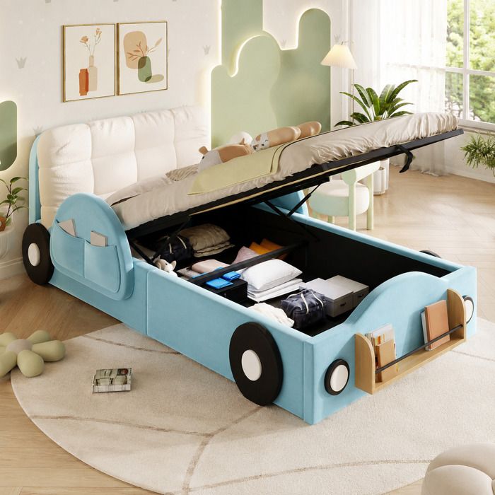 COZHYESS Lit Coffre Enfant 90x200 cm Bleu en Forme de Voiture Rangement Hydraulique Poches Latérales et étagère
