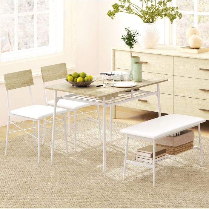 Ensemble Table et Chaises avec Table 2 Chaises et Banc - BEAUNIV - Rangement - Acier et Bois - Chêne et Blanc