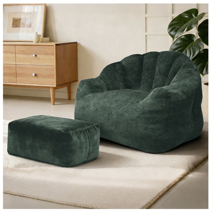VUENOR Fauteuil relax 1 place avec pouf vert foncé dossier pétale tissu flanelle