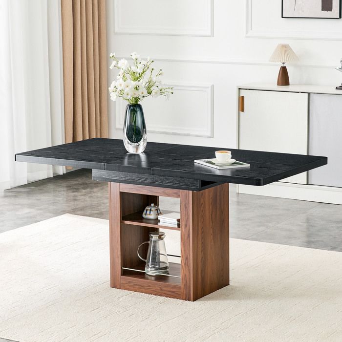 Table de Salle à Manger Extensible avec 2 Étagères Ouvertes - BEAUNIV - MDF Noir et Noyer 130-160×80×755 cm