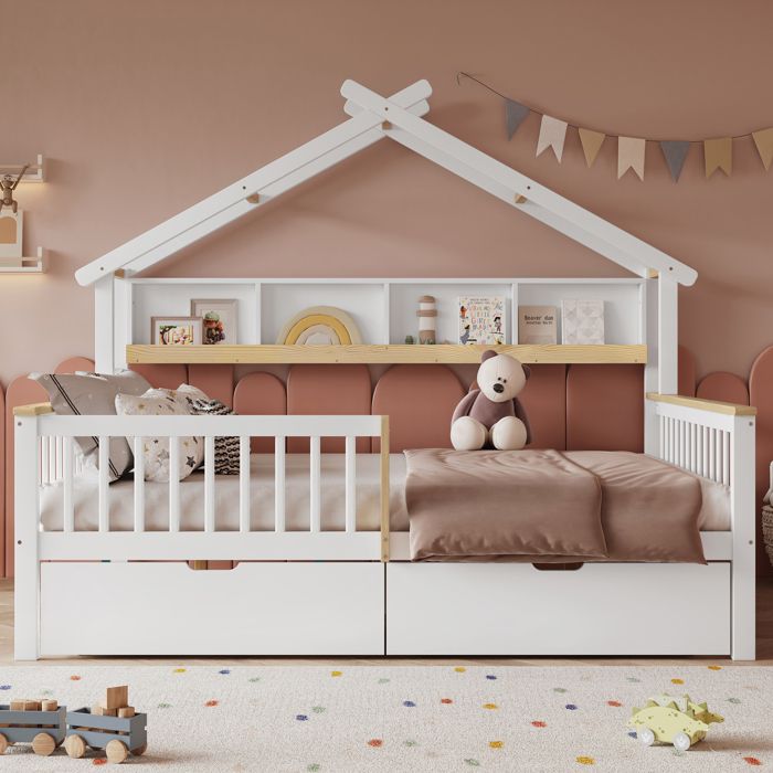 URTR Lit enfant 140x200cm cabane toit structure pin+MDF barrières anti-chute étagère et tiroirs Blanc+Nature