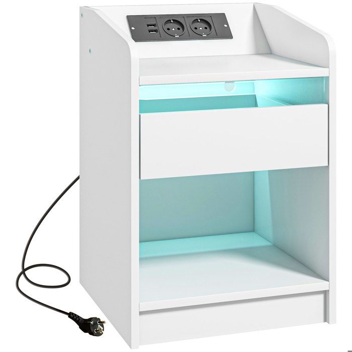YWJ Table de chevet avec lumières LED tiroir étagère station de charge ports USB et télécommande 40x40x58 cm blanc
