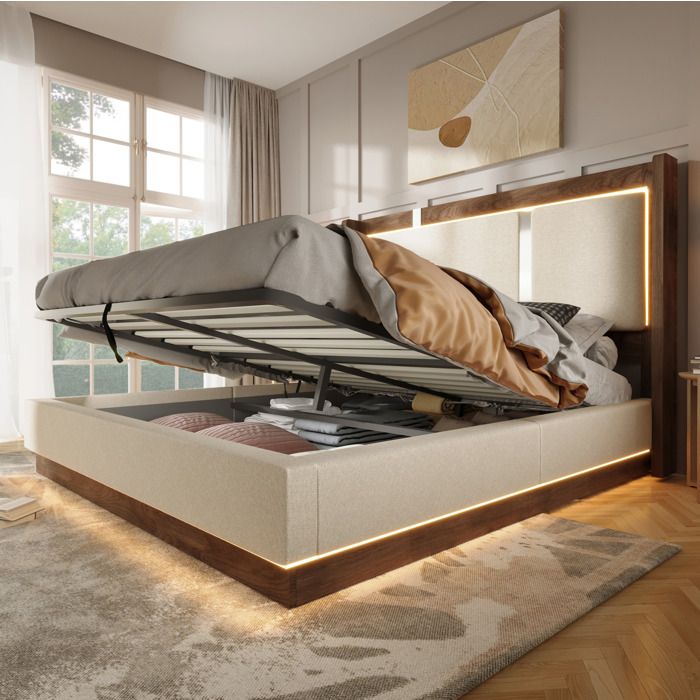 Maisentiel Lit double 140 x 200 cm beige et noyer sommier à lattes LED intégrée coffre hydraulique sans matelas