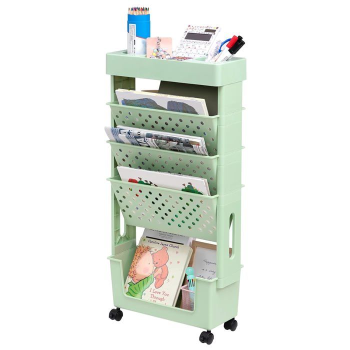 Petite bibliothèque 5 niveaux 38 x 17 x 77 cm - chariot de rangement mobile sur roulettes étagère à livres en mesh vert plastique
