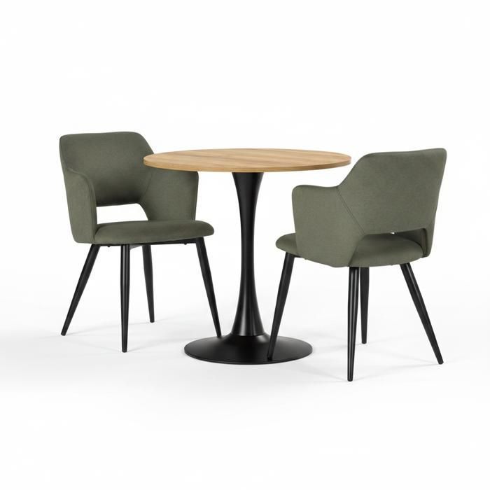 MEUBLES COSY Ensemble de salle à manger de style scandinave composé dune table ronde en chêne et de 2 fauteuils en tissu vert