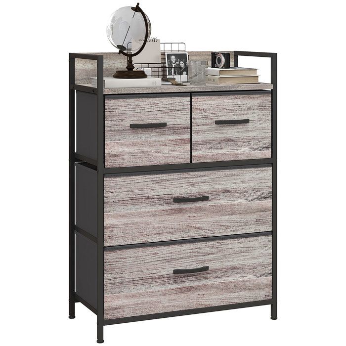 Commode Industrielle avec 4 Tiroirs en Tissu Meuble de Rangement Effet Bois Gris 60x29x85 cm