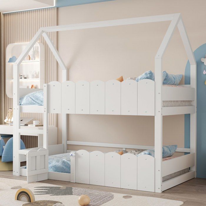 Lit superposé enfant maison 90x200 cm avec barrières de sécurité et sommier blanc