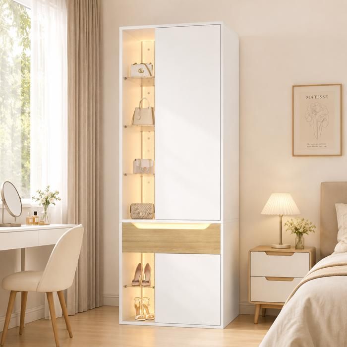 Armoire de Chambre avec Vitrine dExposition LED Étagères en Verre Tiroir - Effet Bois - Penderie Grand Dressing Blanc 75x50x200cm Armoire de Chambre avec Vitrine dExposition LED Étagères en Verre Tiroir - Effet Bois - Penderie Grand Dressing Blanc 75x50x200cm