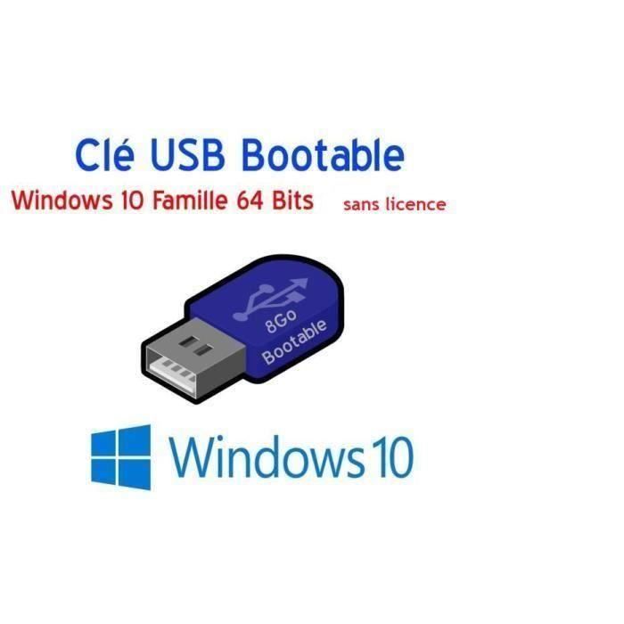 Clé USB Bootable – Windows 10 – 8Go – Famille 32/64 Bits – SANS LICENCE – Installation/Réparation