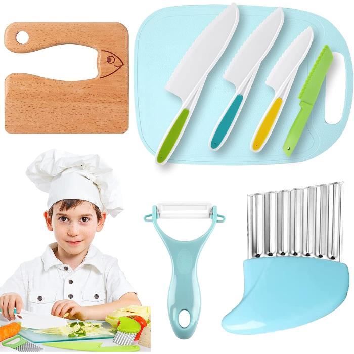 UMILKI Lot de 8 Couteau Cuisine Enfant, Pour Couper et Cuire Des Fruits ou  Légumes, Couteau Montessori avec Éplucheur Planche à Découpe Sac de  Rangement Couteau en Bois : : Cuisine et