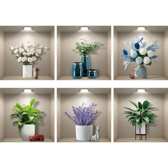 Lot De 6 Stickers Muraux Effet 3D-Vase-Autocollant 3D-Avec Fleurs, Plantes  Vertes, Arbre Bonsaï-Pour Chambre À Couch[x1112]