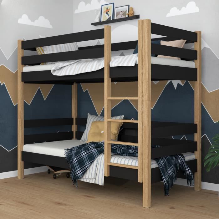 Lits Superposés Enfant PARISOT JIM 2x90x200 Cm - Chêne Et Gris - 6 Niches + Sommiers Inclus