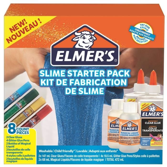 ELMER'S Kit de base pour Slime, 4 stylos colle à paillettes, 2 flacons de colle transparente, 2 flacons de liquide magique