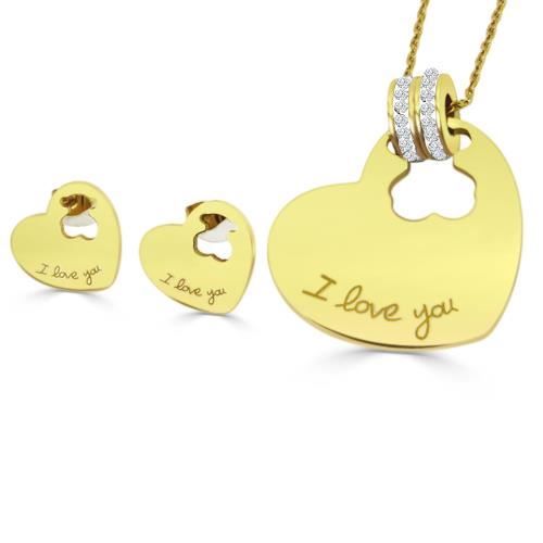 Parure femme - I LOVE YOU - Coeur nounours - Acier doré - Cristaux - Boucles doreilles pendantes