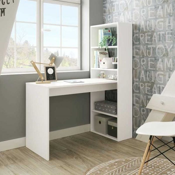Bureau dangle DMORA Denton avec bibliothèque 5 étagères - Blanc