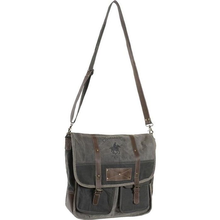 SAC BESACE Reporter Bandoulière neuf GRIS Brun en TOILE & CUIR 36x33x13cm esprit VINTAGE cadeau pratique HOMME