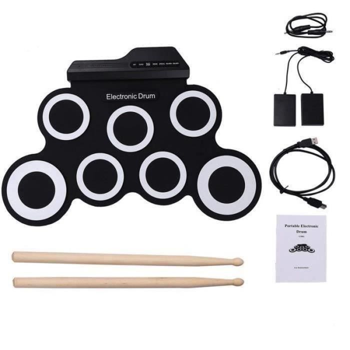 Batterie électronique à 7 Pads, Batterie électronique Enroulable Avec Prise Casque, Double Pédale, Baguettes, Haut-parleurs, MIDI, Jouet Instrumental Pour Enfants De Plus De 3 Ans, Multicolore | FR