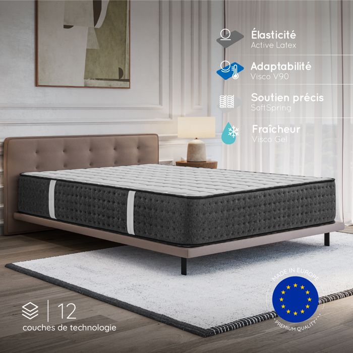 Matelas EQUINOX 140x190 cm-Hybride-Ressorts Ensachés-Mémoire de Forme-Mousse HR 35 kg-Blue Latex-Confort mi-ferme-Réversible-30 cm