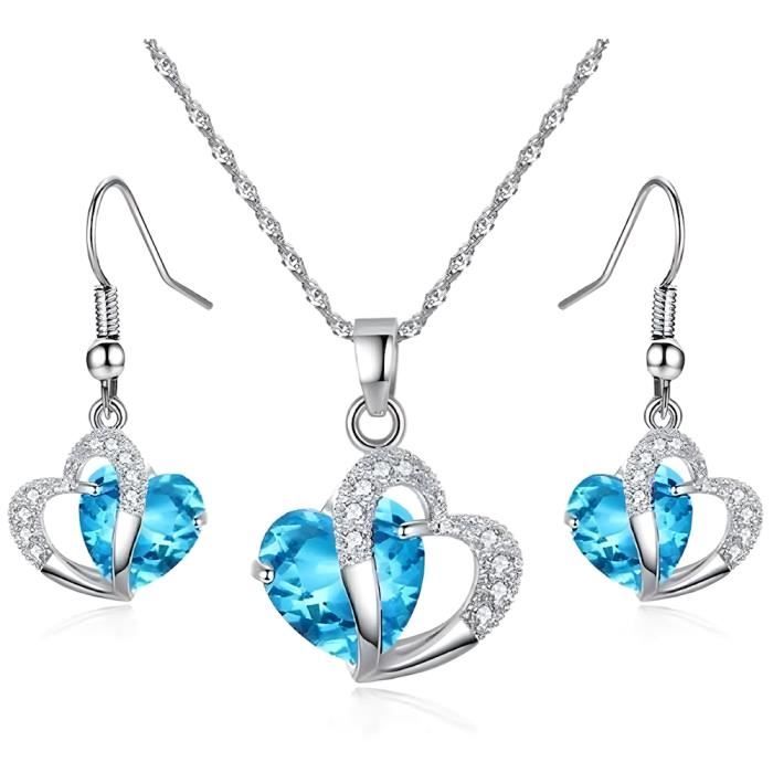 Parure Bijoux Coeur Cristal Swarovski Elements Turquoise Plaqué Or Blanc 750